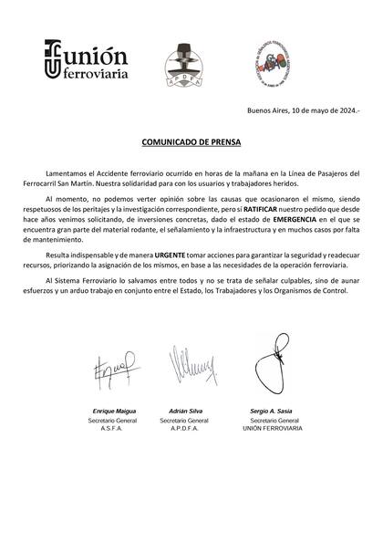 El comunicado de prensa que publicó Unión Ferroviaria