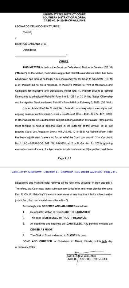 El fallo del 24 de febrero pasado en el que una corte de Florida rechaza la petición de residencia en Estados Unidos de Leonardo Scatturice