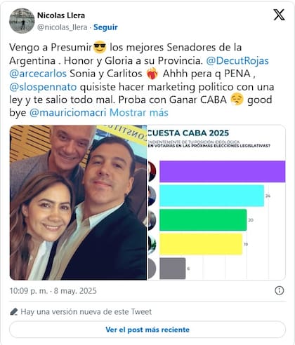 El gerente del Canal 12 estatal, Nicolás Llera, también se sacó fotos y las subió a las redes con Arce y Rojas Decut. Los felicitó por no hacerle el juego político a Silvia Lospenatto en CABA.